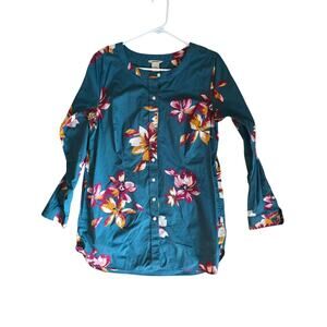 Duluth Trading Green Floral Cottage Core Top M Womens Long Length Button Front